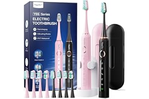 YTEATH PRO Brosse À Dent Électrique Soniques Adultes - Lot De 2 Brosse A Dent Sonique avec 10 Têtes de Brosse et Étui de Voyage, 5 Modes, Étanche IPX7, Brosse A Dent Electrique, Noir et Rose