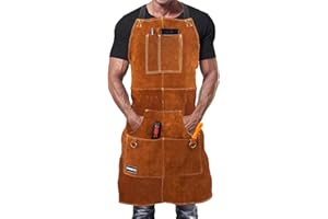 DIMWELD Mandil de Soldador Premium de Cuero Protector para Hombre. Delantal de Herrero Termico Ignifugo para Soldadura en Taller con 6 Bolsillos para Herramientas