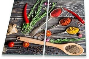 DECORWELT Herdabdeckplatte Abdeckung Ceranfeld Abdeckplatte Schneidebrett 2-Teilig 60x52 Gewürze Mehrfarbig Spritzschutz Glasplatte Ceranfeldabdeckung Schutz Herdschutz Sicherheitsglas Glasschneidebrett 2x30x52