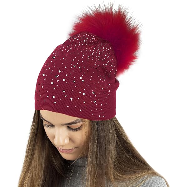 Bonnet Femme Avec Cristaux Et Gros Pompon - Doublure Polaire, Hiver Chaud - Style Ski, Snowboard