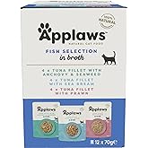 Applaws Premium Cat Food, Pouch Multipack Tuna Selection in Broth 70g x 12Pouches, 4 Pouches of Tuna Fillet with Anchovy, 4 P