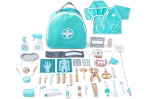 UMU® Deluxe Valigetta Dottore in Legno per Bambini con Stetoscopio, Sfigmomanometro, Accessori Dentista ecc., Kit Dottoressa per Gioco d'Imitazione, 36 PZ Set Medico per Bambini da 3 4 5 Anni