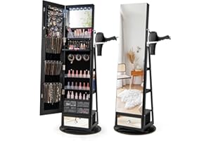 COSTWAY 360° Swivel Jewellery Cabinet, LED Lights Lockable Jewelry Armoire with Full Length Mirror, Large Storage, Hairdryer Mount & Rear Shelves, Freestanding Jewellery Organiser Unit (Black)