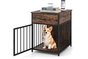 COSTWAY Meble klatka dla psów, domek dla psa do domu ze stacją ładującą, drzwiami, szufladą i metalowymi rurami, buda dla psa, stolik pomocniczy, stolik nocny, dla małych i średnich psów, kolor