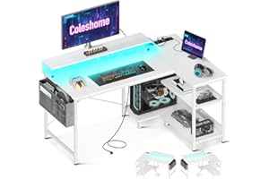 Coleshome Scrivania Gaming con LED e Prese, 120x80cm Scrivania Gaming Angolare Reversibile con Ripiani, Scrivania Angolare con Supporto per Monitor per Casa Ufficio, Bianco