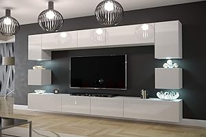 ‎FURNITECH Furnitech Wohnwand Wohnzimmer Möbel (Weiß) mit LED RGB - 16 Farben - Hängend Wohnzimmerwand Modern - Schrankwand mit Regale und TV Schrank (Nowara AN1-17W-HG21 1C)