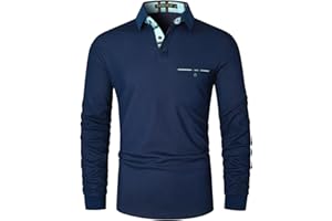 KUNJLELP Polo Shirts for Men Adult Long Sleeve Blue Ribbon Printing Collar Golf Shirt