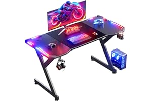 HLFURNIEU LED Mesa Gaming 120 x 60 cm, Escritorio Gaming Ergonómica de Superficie de Fibra de Carbono, Mesa Ordenador con Portavasos y Gancho para Auriculares, Escritorio Gamer Negro