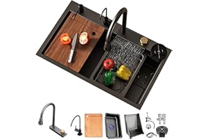 DSMRLEOP Fregadero de cascada en negro, fregadero de acero inoxidable 304, fregadero de cocina multifuncional, fregadero empotrado, fregadero con grifo multifuncional y varios accesorios