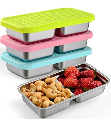 Fentar 2 stuks roestvrijstalen snackbox met compartimenten, lekvrije bentobox voor kinderen, herbruikbare snackcontainers met deksels luchtdicht, voedselcontainers om mee te gaan, kleine potten voor