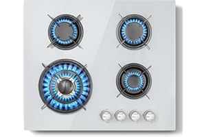 Gas Hob 4 Burners, TopStrong Glass Gas Hobs 60cm, 8060W Built-in White Gas Hob with Flame Out Protection, LPG/NG Compatible, Enamelled Pan Supports & Easy Clean Surface