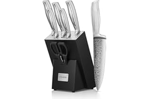 Kitchen Knife Set, FOHERE Knives Set with Advanced Self Sharpening Technology, 7 Pieces Waved Texture Knife Set with Block, Stainless Steel Kitchen Knives, Sharp Knives with Non-Slip Ergonomic Handle