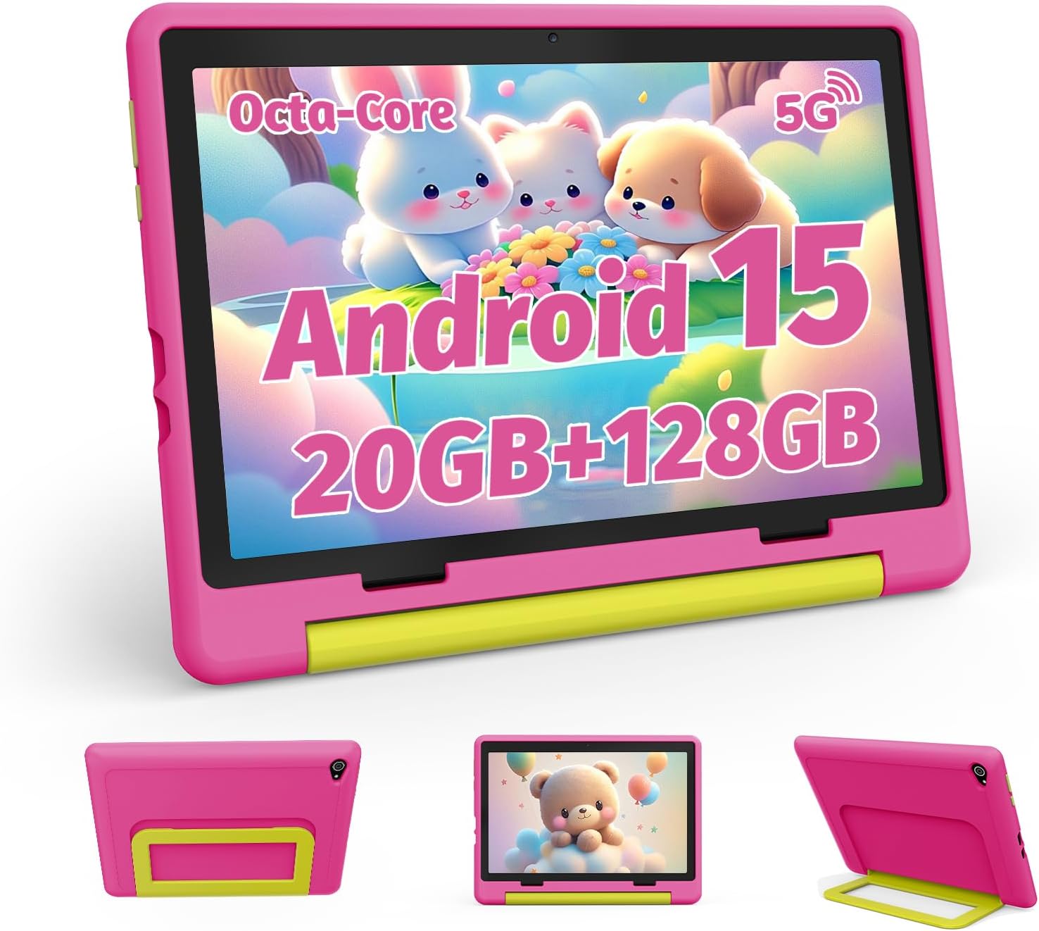 Ainmel 10 inch Kids Tablet with Case, Android 15 Tablet for Kids Ages 3-12 Years, 20GB+128GB(1TB TF Expand), Octa-Core Processor, Parental Controls, WiFi 6, BT5.3,Preloaded Edu Apps (Pink)