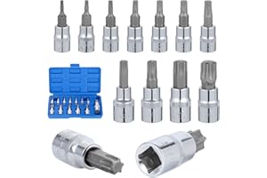 Gueenky 13 Pièces Douille Torx Male, T8 - T70 Embout Torx Douille Etoile 1/4" 3/8" 1/2", Coffret Douille Torx Douille a Embout 6 Pans, 37 mm/48 mm/55 mm Long