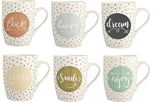 H&H Enjoy - Set 6 Tazze Mug in Porcellana Multicolore | 350 ml | Scritte Positive Assortite (Love, Happy, Dream, Smile, Enjoy, Hello) | Lavabili in Lavastoviglie | Ideali per Casa