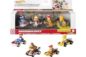Hot Wheels Coffret de 4 véhicules Mario Kart échelle 1:64 en métal, collection de 4 karts avec personnages légendaires du jeu vidéo, jouet pour enfant, HDB22