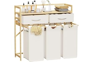 Lifewit Grand Panier à Linge à 3 Compartiments 150 L, Meuble Linge Sale avec 2 Tiroirs et 3 Sacs Amovible, Corbeille Linge pour Buanderie, Salle de Bain, Blanc