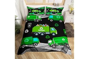 MANFEI Müllwagen Bettbezug Set S Größe,Cartoon Auto Bettwäsche Set Kinder Jungen,angetriebene Abfallwirtschaft Recycling LKW Tröster Abdeckung Teens Zimmer Dekor Grün Schwarz Quilt Cover,1 Kissenbezug