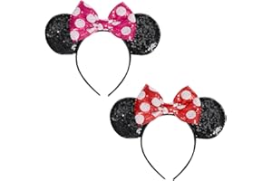 EUPSIIU 2 Pièces Noeud à Paillettes Bandeau Pour Filles Femmes - Oreilles de Souris de Bande Dessinée Pour Enfants Adultes - Fête Halloween Noël Costume (2 Couleurs)