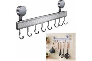 EUIOOVM Listwa z haczykami kuchennymi bez wiercenia, z 8 haczykami z przyssawką, reling kuchenny, stal nierdzewna, drążek 40 cm, drążek do przyborów kuchennych, listwa aluminiowa, listwa z haczykami