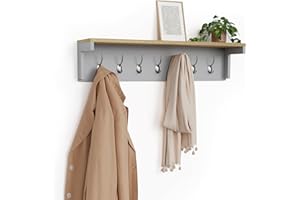 VonHaus Coat Hooks Wall Mounted - Grey Coat Rack with Shelf & 7 Strong Double Hooks – Wall Mounted Jacket Hanger Hallway Organiser with Melamine Wood Effect for Hall & Entryway - Ash Hall