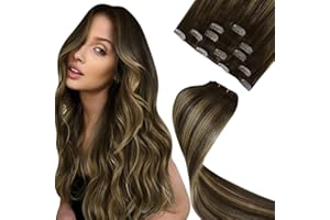 LaaVoo Clip in Hair Extensions Real Human Hair Balayage Dark Brown Mix Caramel Blonde Hair Extensions Clip in Seamless Remy Real Hair Extensions Clip in Human Hair 14 Inch 5pcs 80g #4/27/4
