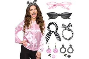 UxClishe Pink Ladies Jacket Costume Set for Women, 1950s Grease Fancy Dress Ladies Jacket Outfits with Retro Accessories Scarf Glasses Polka Dot Earrings Headband for 50s Theme Party Supplies Costume