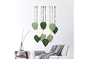 Rixotix Arazzo da parete in macramè, fatto a mano, decorazione da parete in macramè, con perle di legno e foglie verdi, arazzo da parete bohémien, per camera da letto, cameretta dei bambini,