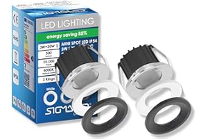 ‎SIGMALED LIGHTING SIGMALED LIGHTING, Mini-LED-Einbaustrahler 3W, Spritzwassergeschützt für den Außenbereich, dimmbar, Neutralweiß 4000K, 300 Lumen, IP54 Runde Einbauspot, 220V / 230V AC, 2er-Pack (1 Box mit 2 Stuck)