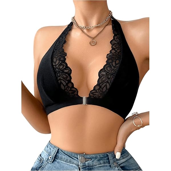 Cotorance Women's Lace Bra - Wireless, Non-Removable Padded Plunge Bralette For Comfort