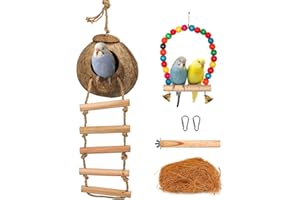REYSHIN Natürliche Kokosnussschale Vogelnest mit Leiter,Wellensittich Spielzeug Vogel Zubehör Kanarienvogel Nest Kokosnuss Schlafplätze Kokosnussseide Sitzstangen und Schaukel für Papageien Wellensittiche (L)