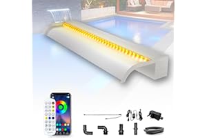 ‎LONGRUN Longrun 60cm Teich Wasserfall Klingen Set, 304 Edelstahl Gebogener Wasserfall mit 7 Farben Bluetooth LED und Fernbedienung, Breite 25.5cm