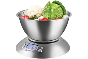 UNIWEIGH Food Kitchen Scale Bowl,Digital Gram and OZ for Cooking,Baking,Dieting,Weight Loss,with Removable Bowl 2.15L Volume, Room Temperature,Timer, Backlight LCD Display, Stainless Steel, 11lb/5kg