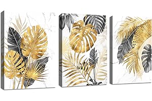 FajerminArt 3 Pcs Modern Canvas Wall Art Marble Tropical Grey Gold Palm Leaves Pictures Canvas Print Paintings for Living Room Bedroom Office Ready To Hang Stretched On Frame 40x60cmx3 Pcs