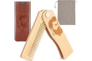BEAUNTANGLY Folding Beard Comb for Men, Portable Bamboo Beard & Mustache Comb Hair Brush with Travel Pouch, Ideal Father’s Day, Birthday, Christmas Stocking Stuffers Gift for Him