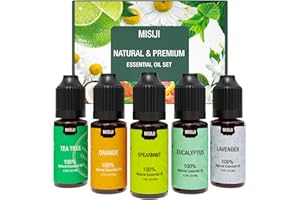 MISIJI Set di oli essenziali per diffusori，per la casa, lavanda, menta, tea tree, eucalipto, arancio, 5 X 10ML