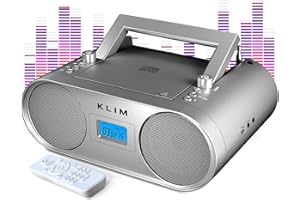 KLIM Boombox B4 Poste Radio CD Portable + Radio AM/FM, CD, Bluetooth, USB, MP3 + Mode Filaire et sans Fil avec Piles Rechargeables + Télécommande, Mode Veille Auto + Lecteur CD Portable + Argent