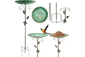 URbazaar Freestanding Bird Bath Bowl Outdoor, 31.3In Metal Bird Feeder with Detachable Basin, bird and leaf, Multi 5-Pronged Base Feeder Hanging Kit for Garden Patio Yard Lawn (Green)