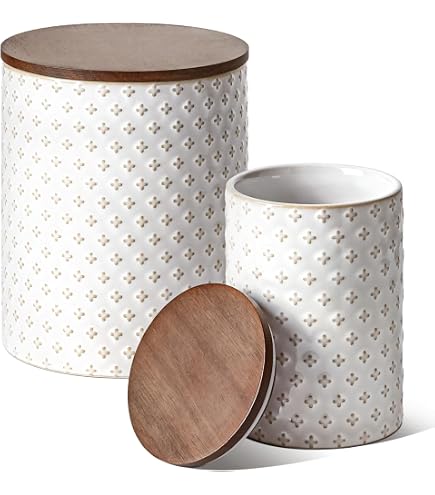 SWEEJAR Airtight Ceramic Food Storage Jars Set Of 4 - Stackable With Wooden Lids For Coffee, Tea, Sugar, Flour (Gray)