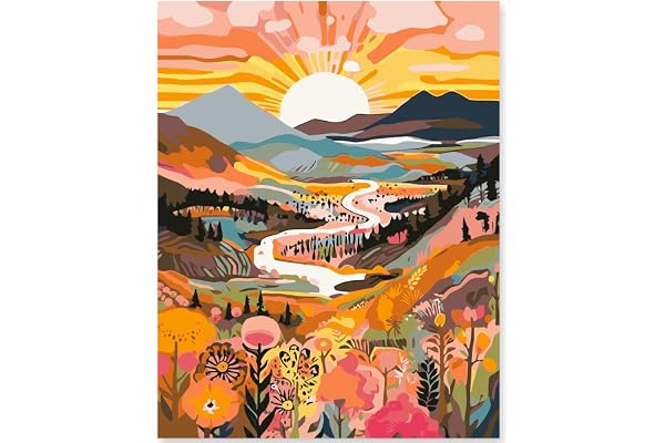 Kit de peinture par chiffres pour adultes débutants et enfants, 1 paquet 16 x 20 pouces Canva pour kits de peinture dans une boîte colorée (sans cadre) - montagnes et rivières du lever du soleil