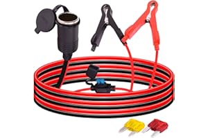 Leehitech 3M/10FT Cigarette Lighter Extension Cable, 12V/24V Car Charger Extension Lead 16AWG Cigarette Lighter Socket to Battery Clips Cable Built-in 15A Fuse for Car, Boat, Truck, RV, Tire Inflator