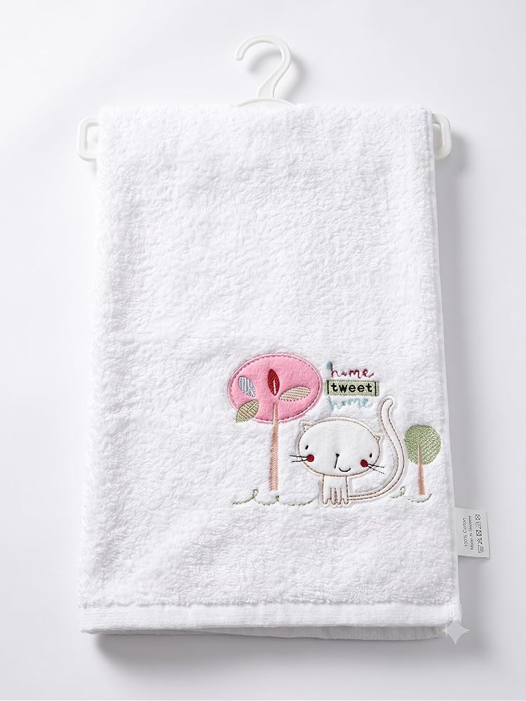 Tinycare%100 Pamuklu, Nakışlı, Hipoalerjenik Bebek Çocuk banyo havlusu- Yumuşak Doku, Beyaz, 85x115cm (Sevimli kedi)