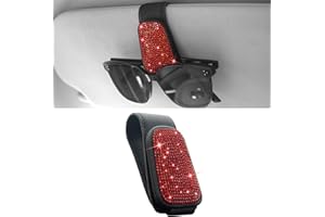 ‎ANWLKI Anwlki Bling Sunglasses Holder for Car Visor Magnetic Leather Glasses Holder Visor Clip Rhinestone Glasses Temple Ticket Card Clip for Women Girls (Red)