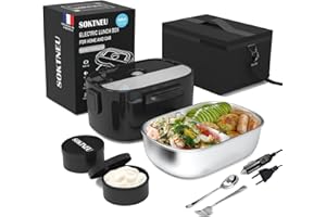 SOKTNEU Gamelle Chauffante 60W 3 en 1 Haute Puissance Lunch Box Electrique Isotherme 220V 24V 12V 1.5L Acier Inoxydable Portable Boîte Repas pour Voiture Camion Bureau Travail