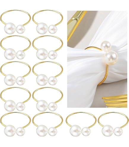 Wondora 12 Pcs Gold Napkin Rings With Pearls - Elegant Table Decor For Christmas, Weddings & Dinner Parties