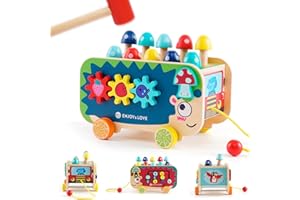 Forroby Drewniana zabawka Montessori dla dziewcząt, chłopców, ksylofon, gra z młotem dla dzieci z 1 pałeczką, zegarkiem, zębatkami, labiryntem liczb i liną ciągnącą, zabawka motoryczna od 1 roku życia
