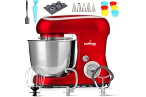 Lehmann LHOPM-1305C Robot kuchenny planetarny z misą ze stali nierdzewnej 5l, wielofunkcyjny mikser do wyrabiania ciasta z 6 prędkościami 2200 W (Czerwony)
