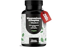 ‎BLOOM NATURALS BEAUTY SUPPLEMENTS Magnesium Komplex hochdosiert - 200 Kapseln - 400 mg Magnesium pro Tag + Vitamin C, mit Bisglycinat, Citrat, Oxid, L-Ascorbat, Malat, vegan & produziert in Deutschland