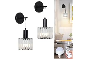 Stepeak Battery Operated Wall Lights Set of 2, Wireless Wall Lights Battery Operated with USB Bulb & Remote, Black Crystal Rechargeable Wall Light Indoor, Glass Stick On Wall Sconces for Bedroom Hall