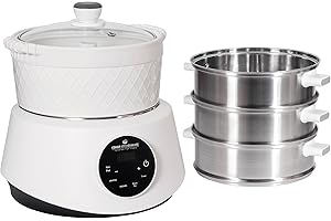 ‎KEMAR KITCHENWARE KFS-3000 Dampfgarer, Hot Pot, Fondue mit Touch Display, 3 Dampfkörbe aus Edelstahl, 4 Programme, Timer, Steamer (KFS-3000 + Keramiktopf)